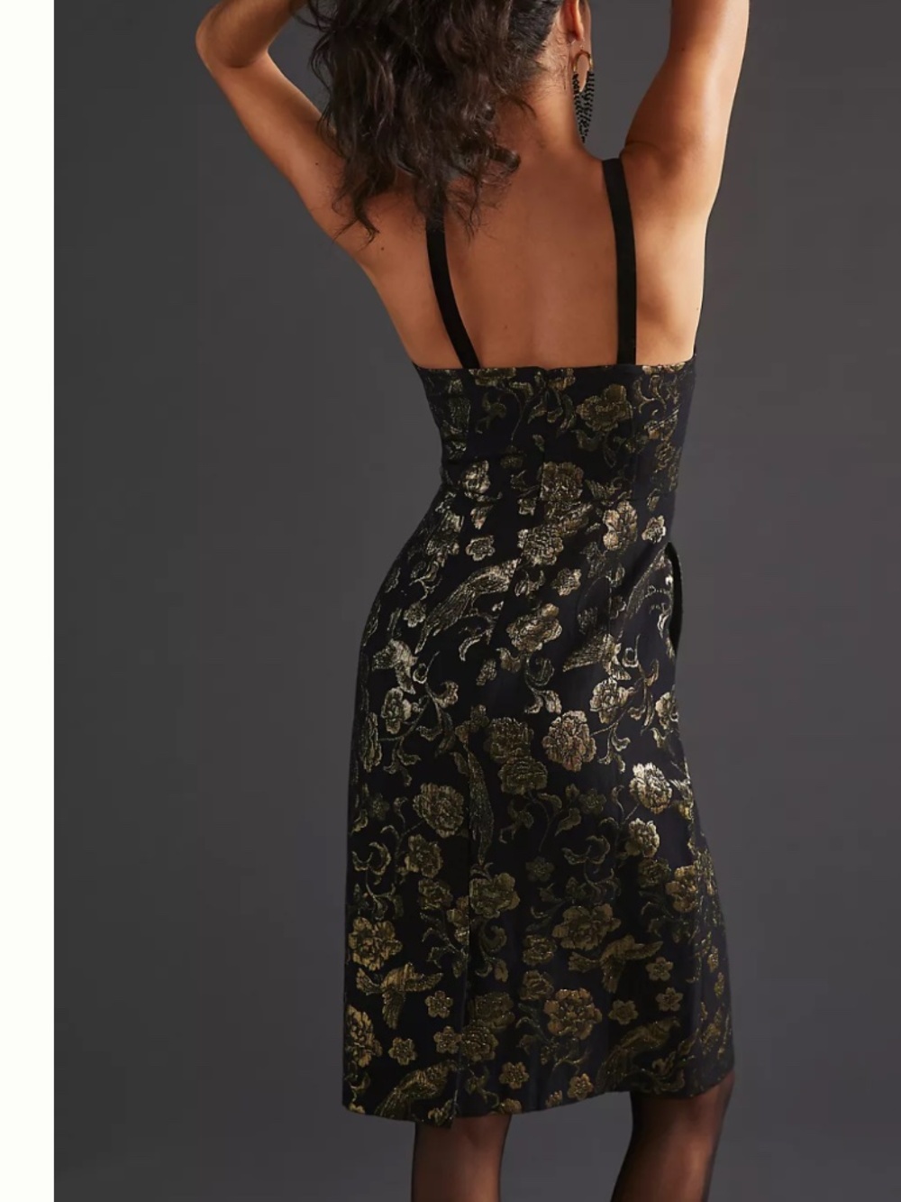 Maeve by Anthropologie Slim Jacquard Mini Dress Black/Gold 14 Metallic Floral - Picture 3 of 16